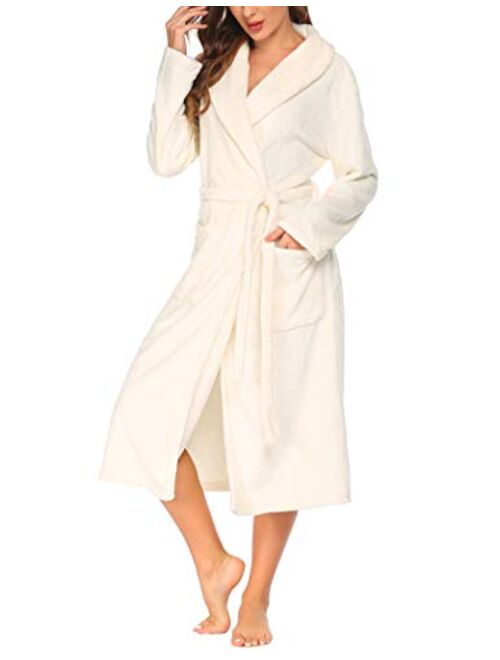 Ekouaer Fleece Robe Women Thick Bathrobe Plush Shower Robes Soft Lounge Robe Classic Winter Robe Warm Sleepwear