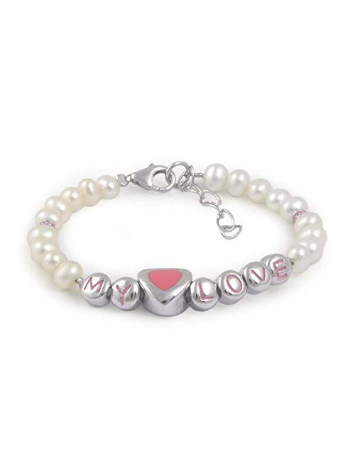 Kids Jewelry - Silver Cultured Pearl Heart My Love Beads Bracelet For Girls