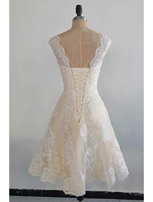 Short Lace Wedding Dresses Knee Length Travel Tulle Rhinestones V-Neck Lace Up Bride Gowns Vintage Dress