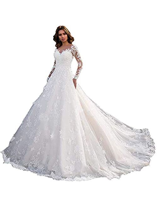 Women's Lace Wedding Dresses for Bride with 3/4 Sleeves Plus Size Bridal Gown