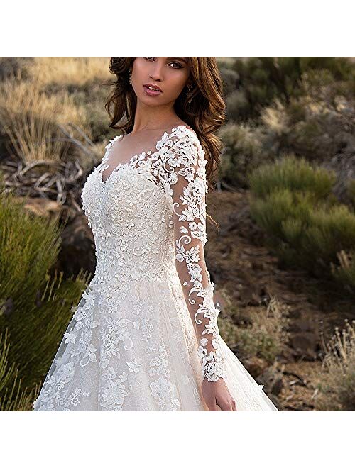 Women's Lace Wedding Dresses for Bride with 3/4 Sleeves Plus Size Bridal Gown
