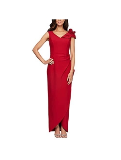 Women's Slimming Long Side Ruched Dress with Cascade Ruffle Skirt