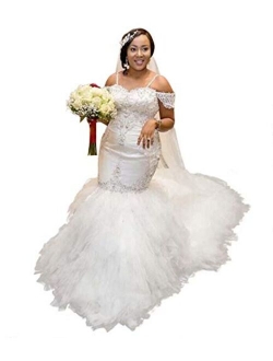 QueenBridal Off Shoulder Beaded Spaghetti Starps Mermaid Wedding Dresses for Bride QBL080