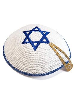 JL Kippha's Knitted Cotton 16cm White Navy Blue Magen David Kippah Jewish Kipa Israel Yarmulke Synagogue