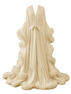 yinyyinhs Women's Feather Bridal Robe Wedding Scarf Long Lingerie Robe Nightgown Bathrobe Sleepwear with Belt