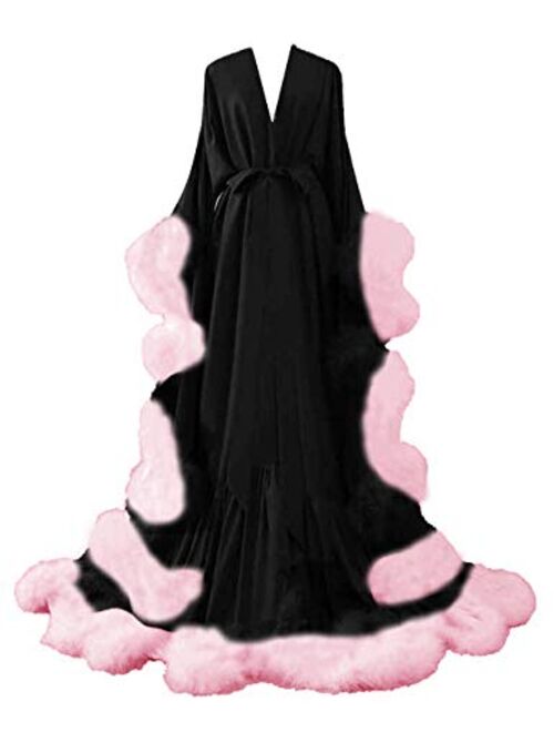 yinyyinhs Women's Feather Bridal Robe Wedding Scarf Long Lingerie Robe Nightgown Bathrobe Sleepwear with Belt