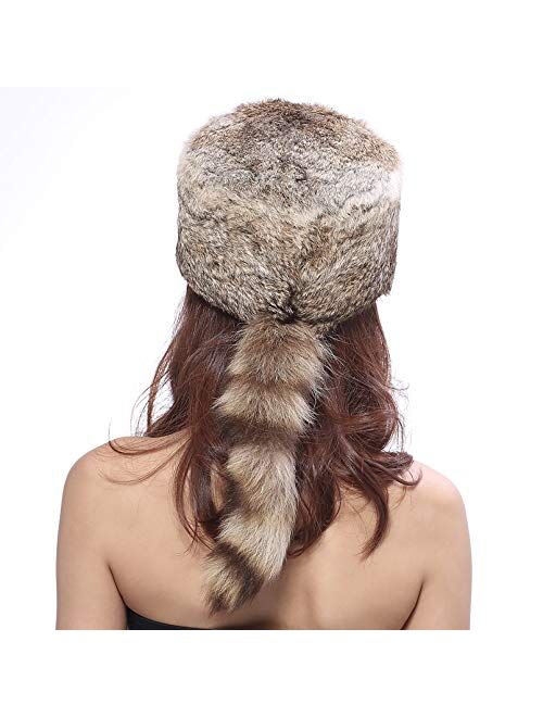 BeFur Real Rabbit Fur Coonskin Davy Crockett Hat for Men Women with Genuine Raccoon Tail