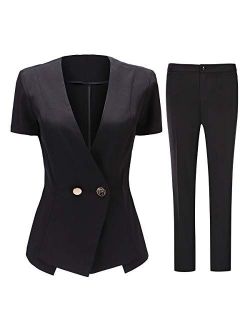 Women's Short Sleeve One Button Blazer Jacket and Dress Pants 2 Piece Suit Set