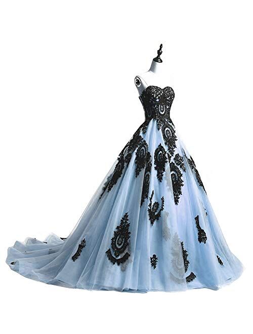 Kivary Long Ball Gown Black Lace Gothic Corset Formal Prom Evening Dresses