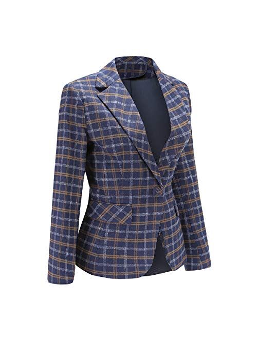 Women's Single Breasted One Button Plaid Suit Jacket Office Blazer Jacket