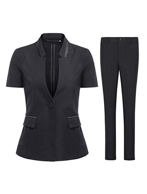 Women's Short Sleeve Blazer Jacket and Pants 2 Piece Summer Suit Set