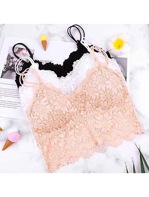 PAXCOO 3 Pcs Lace Bralette for Women, Lace Bralette Padded Lace Bandeau Bra with Straps for Women Girls