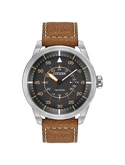 Men's Eco-Drive Watch in Stainless Steel and Brown Leather Strap Watch with Date, AW1361-10H