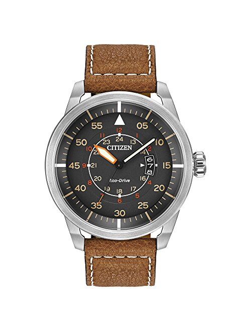 Citizen Men's Eco-Drive Watch in Stainless Steel and Brown Leather Strap Watch with Date, AW1361-10H