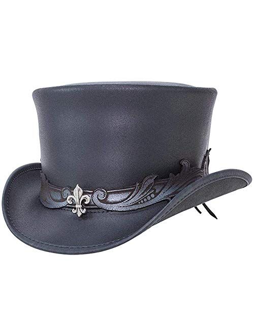 The El Dorado Leather Top Hat — Stylish hat with Pewter Fleur De Lis Band Centerpiece.