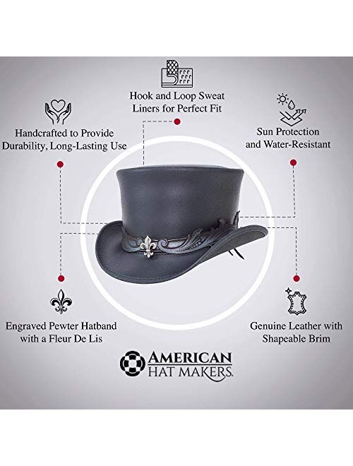 The El Dorado Leather Top Hat — Stylish hat with Pewter Fleur De Lis Band Centerpiece.