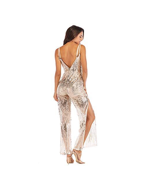 ONSEFZMZ Women Jumpsuit Female Sling Pants Trousers Elegant Shiny Party Jumpsuit Sexy See Through Bodycon Long Pants Romper Silver XL