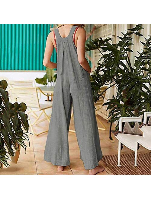 PLENTOP Women's Casual Baggy Overalls Cotton Linen Jumpsuit Sleeveless Floral Print Summer Wide Leg Pants Romper with Pockets