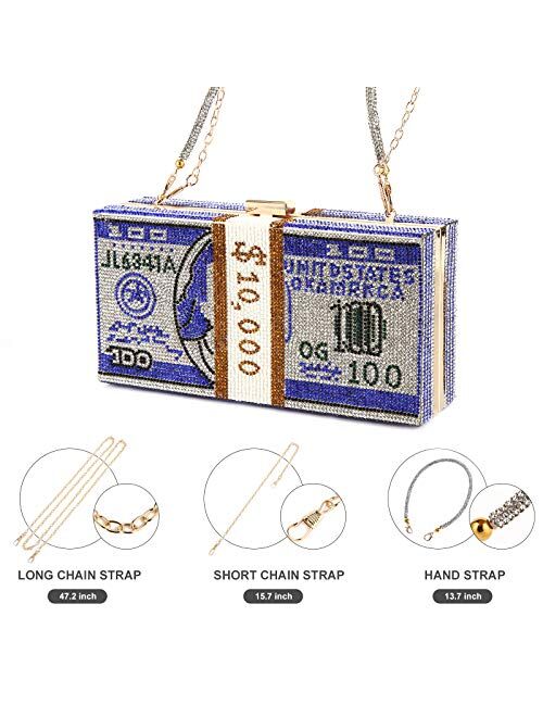 SCIONE Hundred Dollar Bill Box Clutch Handbag Shoulder Bag Crossbody Bag Rhinestone Handbag