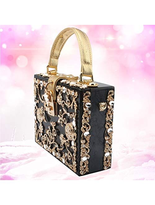 Fashion Box Evening Bag Diamond Flower Clutch Bag Hollow Relief Acrylic Luxury Handbag Banquet Party Purse Women's Shoulder Bag(Black)