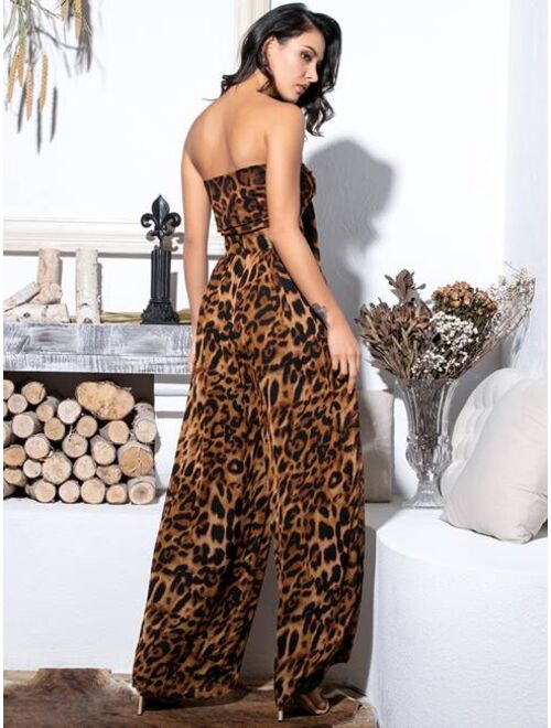 Shein LOVE&LEMONADE Leopard Tie Front Tube Top & Wide Leg Pants Set