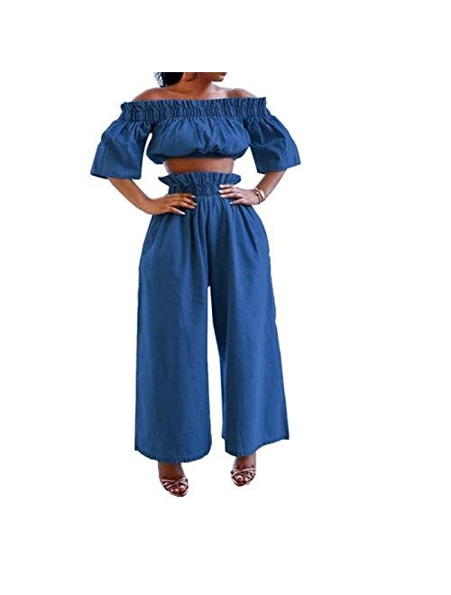 Sexy Two Piece Jeans Outfits - Demin Off The Shoulder Crop Tops Wide Leg Pants Sets Long Romper Jumpsuits