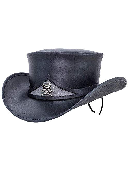 American Hat Makers Pale Rider Top Hat with Skull Band — Handcrafted, Genuine Top Grain Leather, Sun Protection