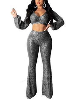 Women's Sexy V Neck Glitter Sequin Long Sleeve Crop Top Flare Pant Set 2 Piece Outfits Jumpsuits