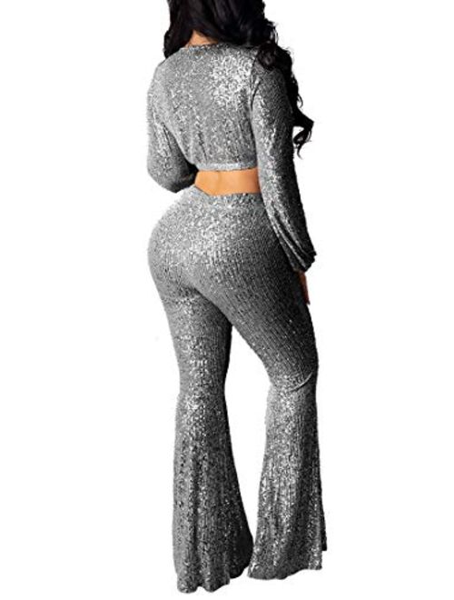 Aro Lora Women's Sexy V Neck Glitter Sequin Long Sleeve Crop Top Flare Pant Set 2 Piece Outfits Jumpsuits