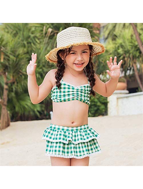 Baby Two Piece Swimsuit Girls Two Piece Swimsuits Plaid Printing Pattern Ruffle Sling Bikini Swimwear Bathing Suit Bikinis (Color : Green, Size : S)