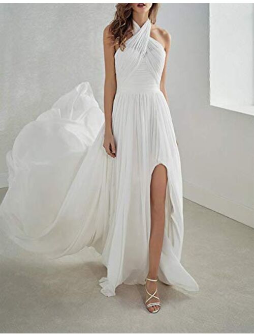 Uther Women's Beach Wedding Grecian Neck A-Line Long Chiffon Bridal Gown