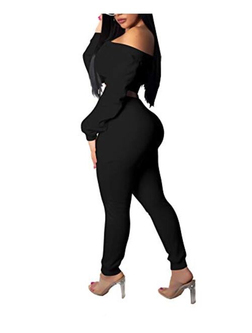 ZOCANIA Women's Sexy Jumpsuit Set Outfits Off Shoulder Long Sleeve V Neck Crop Top Bodycon Skinny Stacked Pants