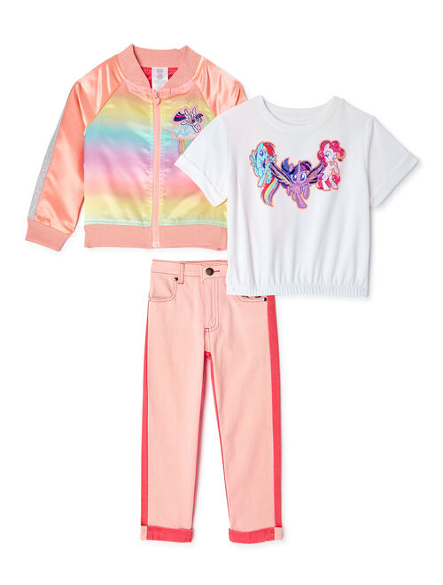 365 Kids From Garanimals Girls My Little Pony Bomber Jacket, Elastic Hem T-Shirt, and Colorblock Pants, 3-Piece Outfit Set, Sizes 4-10