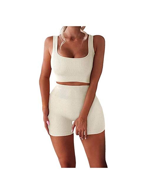 Workout Sets for Women 2 Piece Seamless Ribbed Crop Tank High Waist Shorts Yoga Outfits Womens Tracksuit