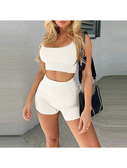 Workout Sets for Women 2 Piece Seamless Ribbed Crop Tank High Waist Shorts Yoga Outfits Womens Tracksuit