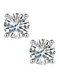 Moissanite Earrings, Lab Created Diamond Earrings with 2 pieces of DEF Color Brilliant Round Cut Moissanite in Sterling Silver with 18K White Gold Plated with Safety Fric