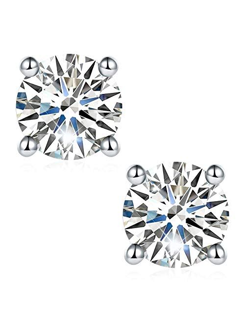 Moissanite Earrings, Lab Created Diamond Earrings with 2 pieces of DEF Color Brilliant Round Cut Moissanite in Sterling Silver with 18K White Gold Plated with Safety Fric