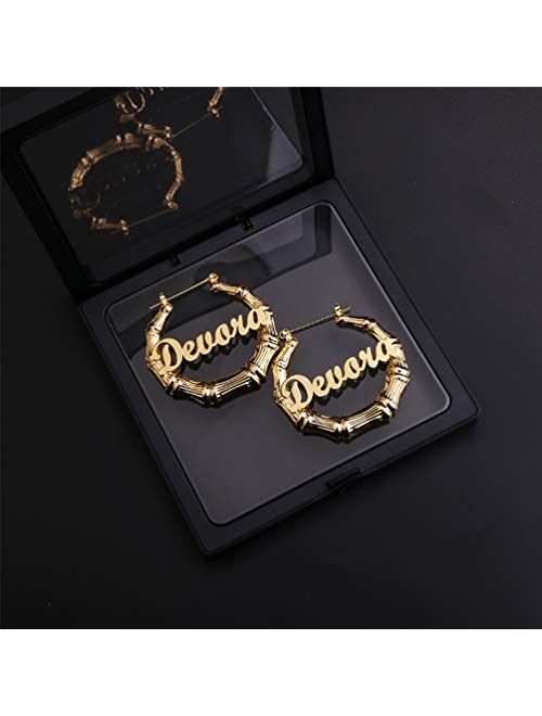 Custom Name Earrings Personalized Hoops Earrings Gold Plated Bamboo Earrings for Women Girls Fashion Jewelry Gift