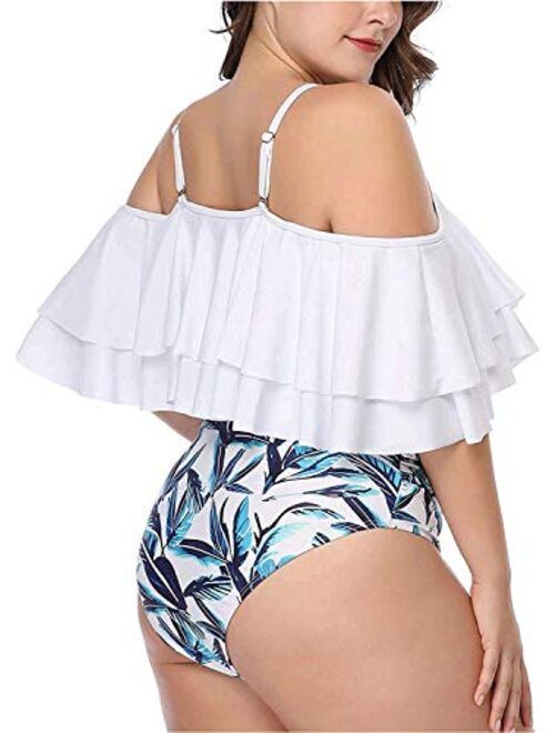Daci Women Plus Size Bikini High Waisted Bathing Suits Off Shoulder Flounce Ruffle Swimsuits