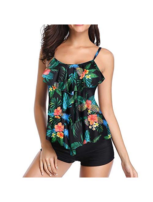 Buy Women Two Piece Swimsuits Tankini Bathing Suits Layered Ruffle ...