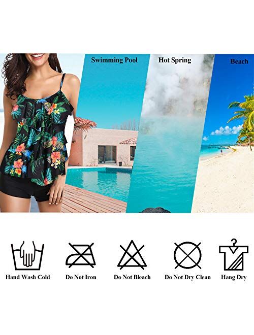 Women Two Piece Swimsuits Tankini Bathing Suits Layered Ruffle Flounce Top with Boyshorts Beach Swimming Bikini Set