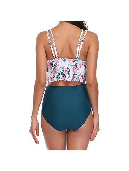 Swimsuits for Women Two Piece Bathing Suits Ruffled Flounce Top with High Waisted Bottom Bikini Set