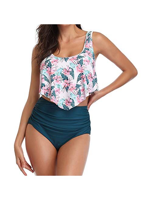 Swimsuits for Women Two Piece Bathing Suits Ruffled Flounce Top with High Waisted Bottom Bikini Set