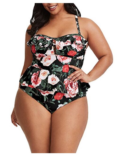 Tutorutor Womens High Waisted Plus Size Swimsuits Bikini Floral Peplum Tankini Tops Tummy Control Two Piece Bathing Suit