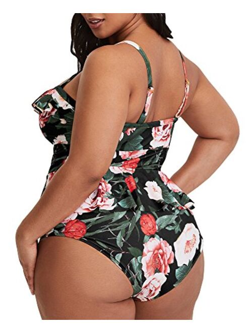 Tutorutor Womens High Waisted Plus Size Swimsuits Bikini Floral Peplum Tankini Tops Tummy Control Two Piece Bathing Suit 