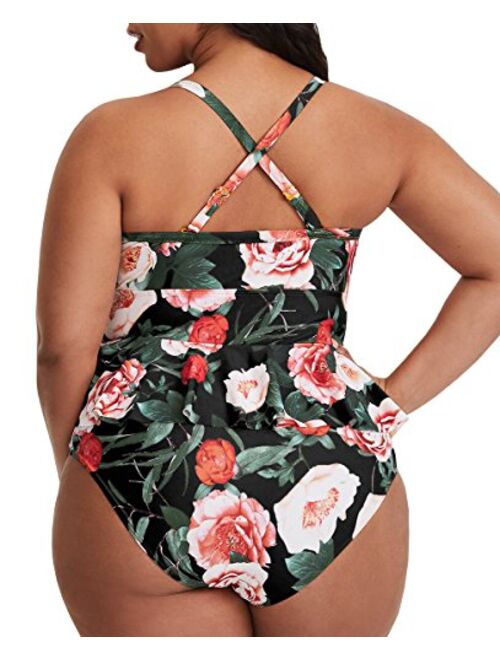 Tutorutor Womens High Waisted Plus Size Swimsuits Bikini Floral Peplum Tankini Tops Tummy Control Two Piece Bathing Suit