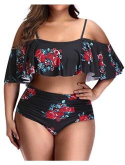 Daci Women Plus Size Flounce Bikini High Waisted Ruffled Two Piece Swimsuits Tummy Control Bathing Suits