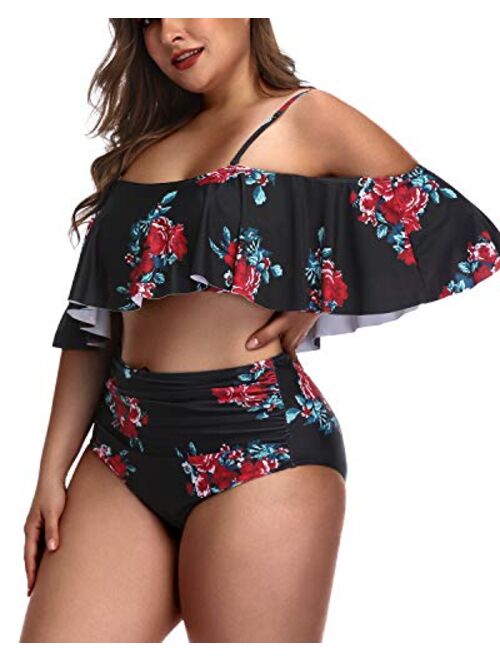 Daci Women Plus Size Flounce Bikini High Waisted Ruffled Two Piece Swimsuits Tummy Control Bathing Suits