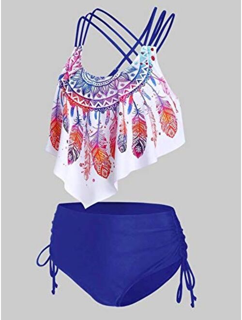 PDGJG Bikini Set Women Feather Print Push-up Padded Overlay Flounce Crisscross Swimwear Bathing Suit Female (Color : Blue, Size : Large)