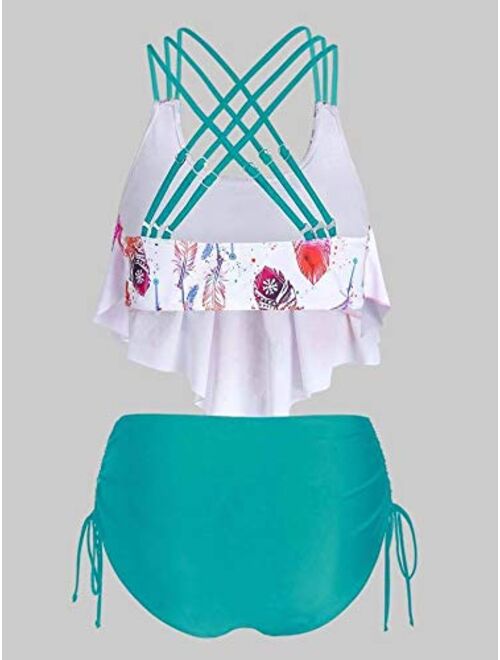 PDGJG Bikini Set Women Feather Print Push-up Padded Overlay Flounce Crisscross Swimwear Bathing Suit Female (Color : Blue, Size : Large)